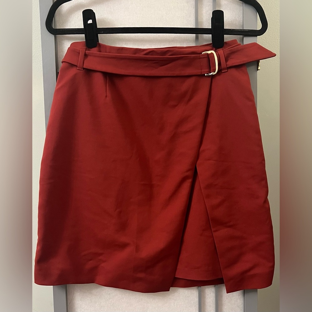 White House Black Market Size 2 Belted A-line Skirt Cinnamon Red Faux Wrap Small
